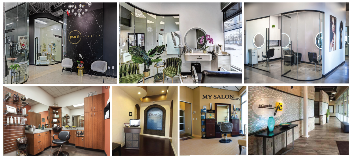 A collage of seven images of various salon suites, showcasing different styles.
